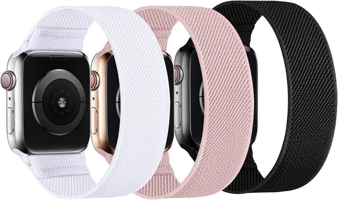 Stretchy Nylon Solo Loop Bands Compatible with Apple Watch 38mm 40mm 41mm 42mm 44mm 45mm 46mm 49mm Ultra 2 iWatch Series 11 10 9 8 7 SE 6 5 4 3 2 1 Strap,Sport Elastic Braided Women Men (3A-Black/White/Pink Sand)