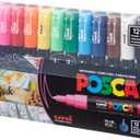 uni Posca Acrylic Paint Art Markers, Set of 12 Extra Fine Point Thin Paint Pens for Coloring Gifts, Fabric, Metal, Glass, Rocks, Wood and Canvas, Assorted Colors, PC1M12C