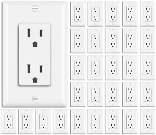 BESTTEN 30 Pack 15 Amp Decorator Receptacle Outlet, Decor Standard Electrical Wall Outlet, Residential and Commercial Use, Non-Tamper-Resistant,15A/125V/1875W, Wallplate Included, UL Listed, White