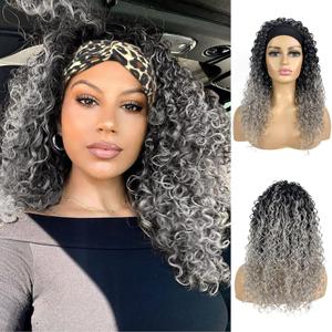 Deep Water Wave Headband Wig for Black Women Loose Wave Synthetic Wig with Headband Attached Glue less None Lace Frontal Curly Wig 20 inch 150% Density 1B/Gray