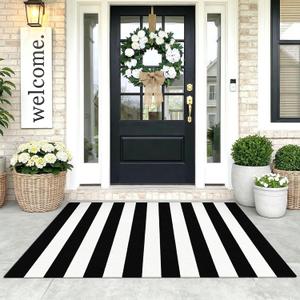 KOZYFLY Black and White Striped Area Rug 3x5 Ft Front Door Rug Hand Woven Cotton Washable Outdoor Doormats Outdoor Entrance Mat for Front Door Kitchen Entryway Patio Front Porch Decor