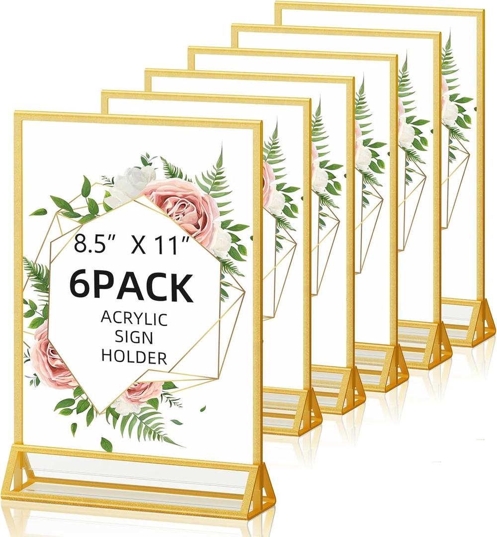 PPH-Sisy Acrylic Sign Holder 8.5X11 Double-Sided Gold Picture Frames Clear Sign Holder for Flyer Holder Menu Holder Wedding Table Number Holder Photo Frame -6 Pack