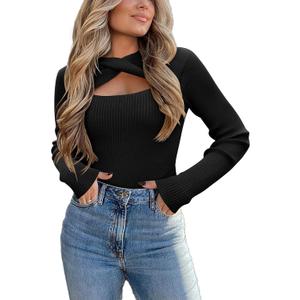 Zeagoo Sweaters for Women 2026 Knit Trendy Long Sleeve Lightweight Slim Fit Pullover Cutout Tops (XXL, Black)