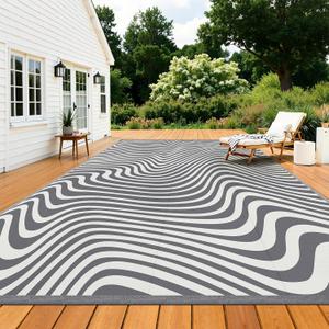 Vaukki Waterproof Outdoor Rug 9x12 Grey Striped Patio Mat