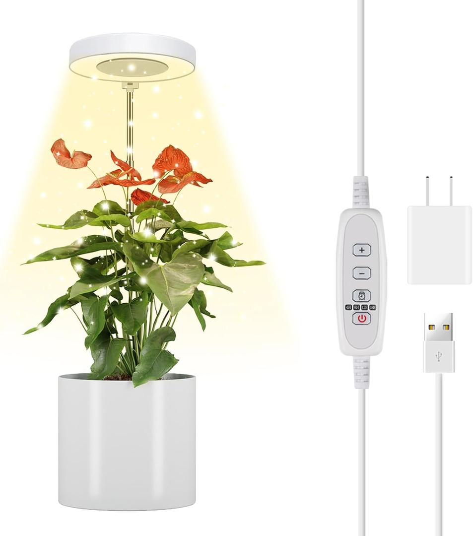 Juhefa Grow Light for Indoor Plants Growing, 4000K White Full Spectrum Halo Plant Lamp for Seedlings Succulents Small Mini Plants, Auto On Off Timer 4/8/12/18Hrs & 3 Colors Changeable