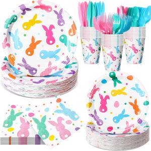 Honeydak 210 Pcs Easter Plates and Napkins Serve 30 Pastel Colorful Bunny 7" and 9" Rabbit Plates Napkins and Forks Tableware for Spring Holiday Easter Party Table Decor Supplies