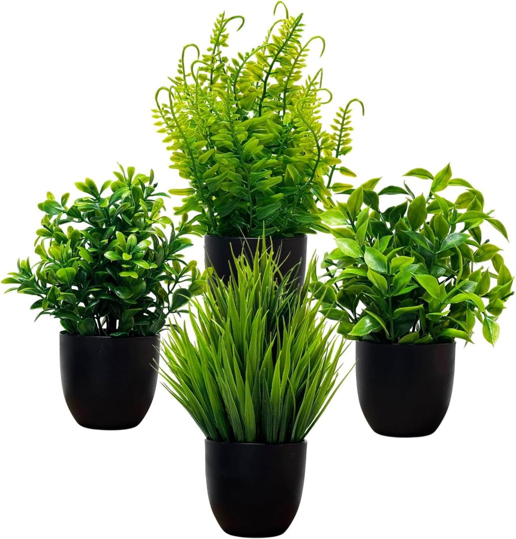 4 Pack Artificial Plants in Black Pot - Fake Mini Potted Plants with Eucalyptus & Fern - Faux Plants for Home, Bathroom, Office, Indoor Decor