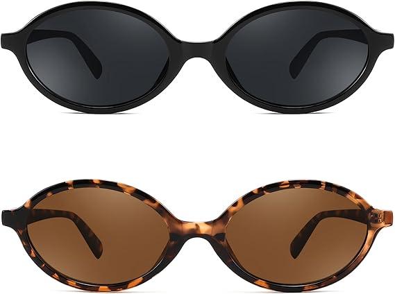 FEISEDY 2 Pack Vintage Oval Sunglasses for Women Men 90s Narrow Lightweight Shades Y2k Trendy Sunnies B1159