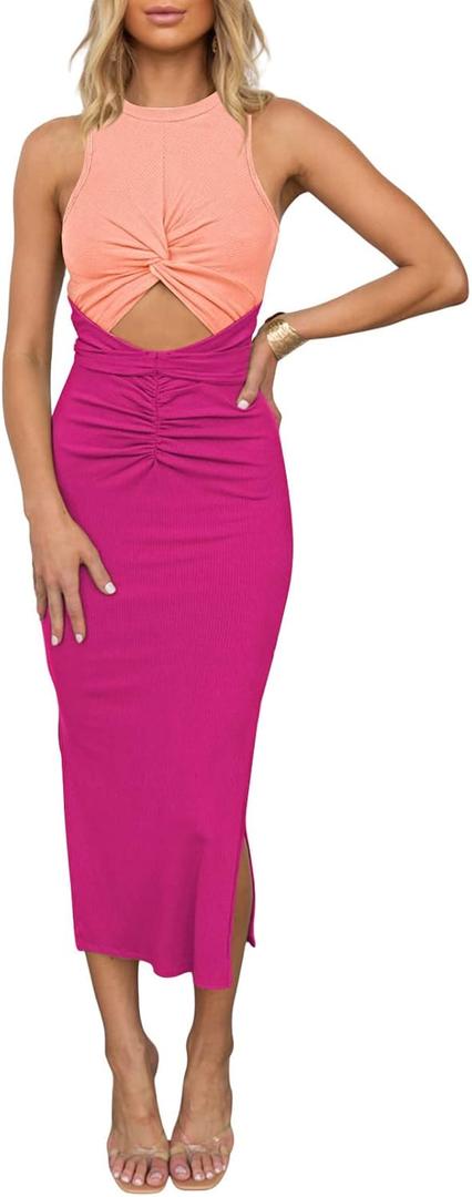 Summer Midi Bodycon Dresses Women Cutout Ruched Side Slit Stretchy Tie Tank Top Dress Peach Pink M