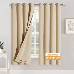 RYB HOME Soundproof Curtains for Bedroom - Light Block Noise Reducing Curains 3 Layers Inside Detachable Felt Liner Acoustic Drapes for Living Room, W 52 x L 63, Biscotti Beige, 1 Pair