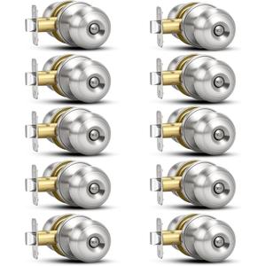 Plustool 10 Pack Brushed Nickel Door Knobs,Privacy Door Knob with Lock, Interior Doorknobs Silver, Keyless Door Locks Set for Bedrooms Bathrooms, Reversible for Left/Right Door Handle