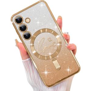 ZIYE Magnetic Case Designed for Samsung Galaxy S24 Plus Glitter Case Luxury Plating Love Heart Compatible with MagSafe Clear Case with Camera Protector Protection Shockproof Cover for Women Girls (Gold)