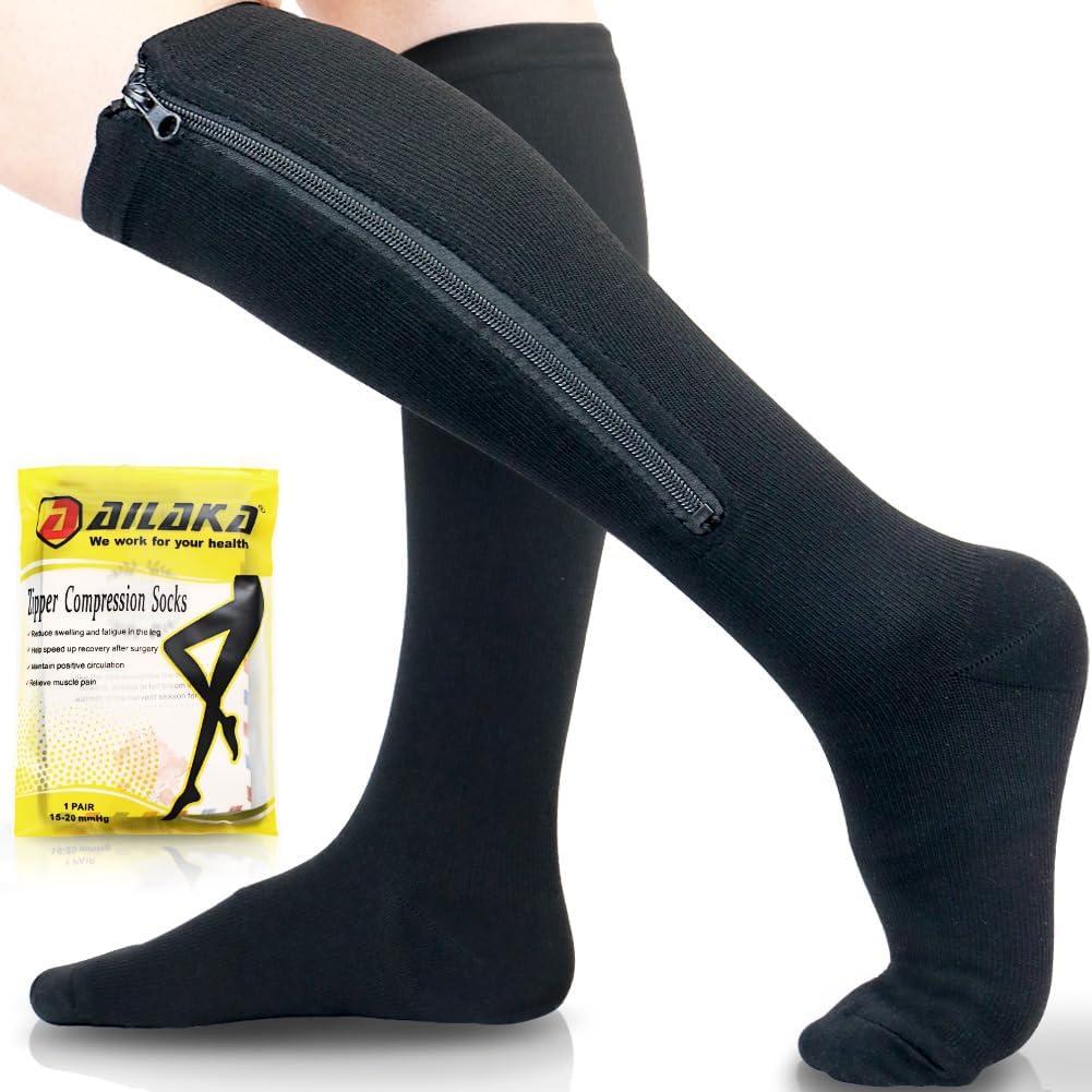 Ailaka Medical 15-20 mmHg Zipper Compression Socks Women Men (4X-Large (1 Pair), Black)
