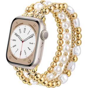 AIRSPO Gold Beaded Bracelets Compatible for Apple Watch Band 38mm 40mm 41mm 42mm 44mm 45mm 46mm Women, Fashion Handmade Dressy iPhone Watch Bands Stainless Steel Beads Elastic Strap for iWatch Series 11 10 9 SE 8 7 6 5 4 3 2 1
