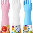 Bamllum 3 Pairs Rubber Cleaning Gloves, Household Kitchen Dishwashing Gloves with Cotton Flocked Liner, Long Cuff 16 Inches, Reusable, Non-Slip (Large, Blue+Pink+White)