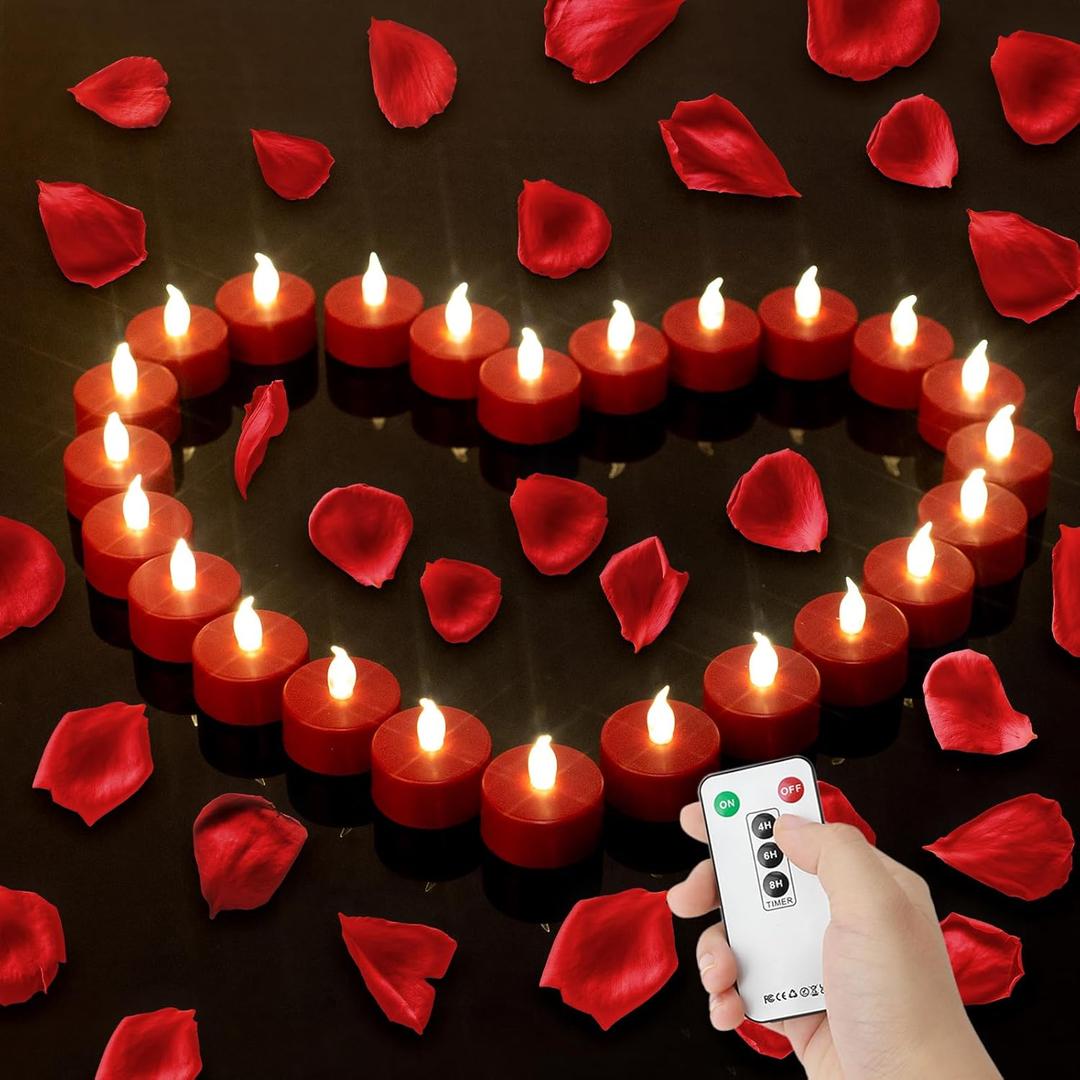 Tea Light Candles with Remote Control,Flickering Flameless LED Candle,Long Lasting 400+Hours,Battery Operated with Timer for Home Decoration Seasonal &Festival Celebration Red (24pcs)