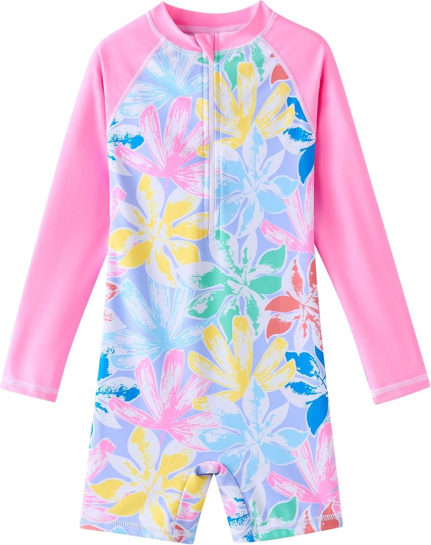 UMELOK Girls Long Sleeve Rash Guard One Piece Swimsuits with UV Protection Sunsuit (9-10 Years, Colorful Leaves)