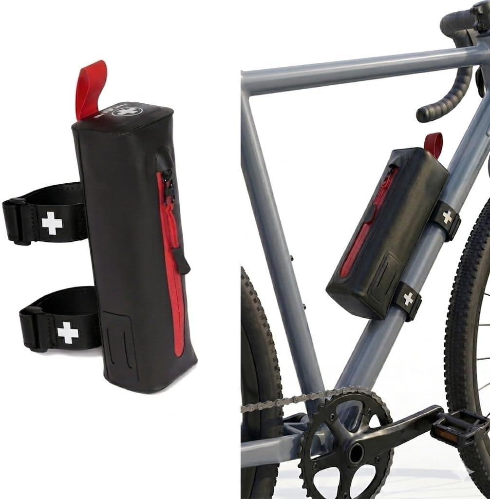 Bike First Aid Kit for Cyclist's, Compact Waterproof Case, Attaches to Bike Frame, Essential Supplies for Trauma & Emergencies, Black Red