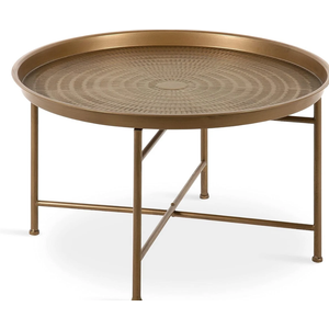 Metal Foldable Round Accent Coffee Table, 28.25" x 28.25" x 19", Mirrored Surface and Gold Frame, Modern Minimalist Design and Detachable Magnetic Tabletop