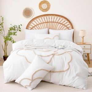 Ubo&Heng'er Duvet Cover Queen Size, 3 Pieces Duvet Covers Set, Boho Tufted Comforter Sets with Zipper Closure, Soft Breathable Floral Bedding Set for All Seasons(White, Queen, 90"x90")