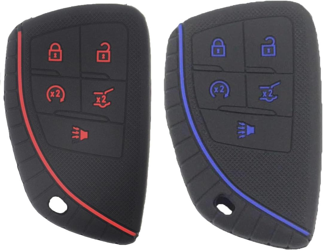 2 x LemSa 2Pcs 5 Buttons Soft Silicone Remote Smart Car Key Fob Cover Case Protector Holder for Chevrolet Corvette 2020 Suburban Tahoe 2021, Red Blue Buttons