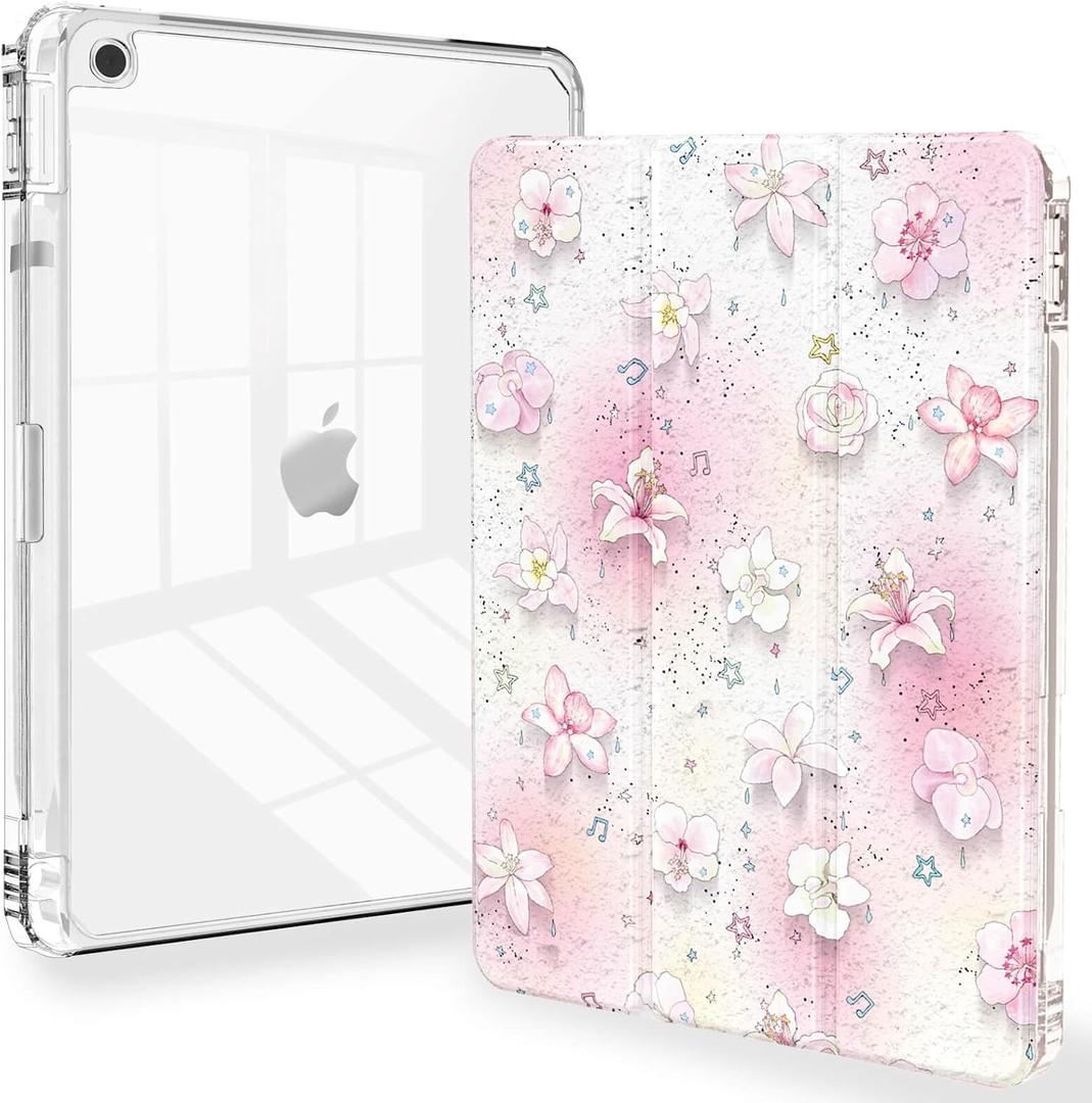 Feams for iPad 9th Generation Case, Trifold iPad 10.2 Case Clear Back Cover with Pencil Holder & Auto Sleep/Wake for iPad 9th/8th/7th Generation 2021/2020/2019, Cute Pink Flower