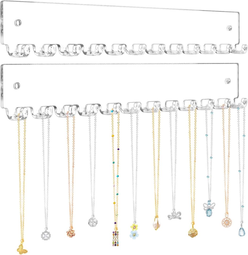 Acrylic Necklace Holder 2 Pack Wall Mounted Necklace Organizer Hanging Jewelry Organizer with 12 Hooks for Necklaces, Bracelets, Rings and Bangles Display (Clear 11.8" 2pcs)