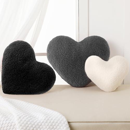 Yuntau 3 Pieces Valentine's Day Pillows Sherpa Heart Shaped Throw Pillows Valentine's Day Decor Red Pink Fluffy Love Gift Aesthetic Coquette Bed Sofa Couch Room Decor(Gray, Black,White)