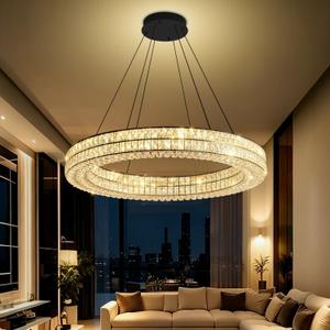 IDEQUY Modern Led Ring Chandeliers Dimmable Crystal Chandelier for Living Room Dining Room Ring Pendant Light Adjustable 24 inch Black
