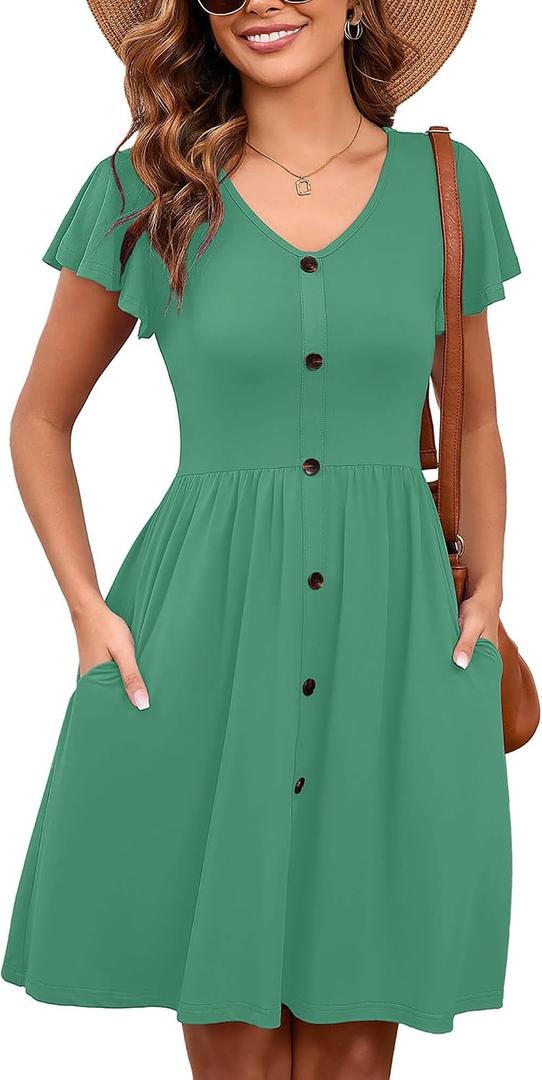 Heymoments Women's Ruffle Sleeve V Neck Swing Sundress Summer Casual A-Line Midi Dress with Pockets S-2XL (Green, XXL)