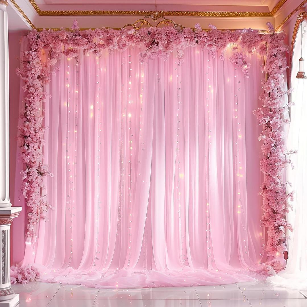 10ft x 10ft Pink Backdrop Curtain with Lights String for Parties, Sheer Tulle Wedding Photo Backdrops Drapes for Baby Shower Birthday Party Decorations Background for Photography (W5' x H10'(2 Panels)