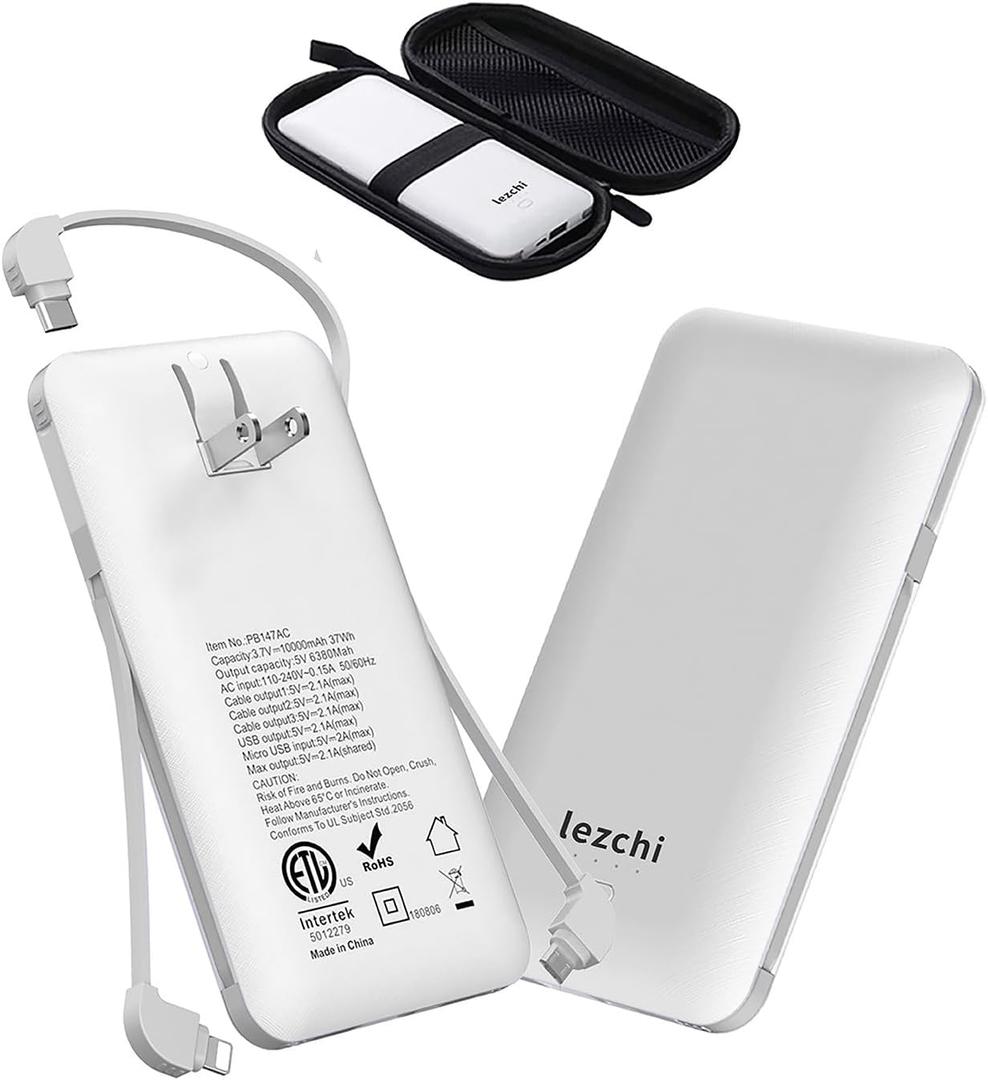 Portable Power Bank, Ultra Slim 10000mAh Portable Charger, USB C External Battery Pack with Built-in AC Plug, Charging Cable, Output Port, Compatible with All Kinds of Cellphones  (White)