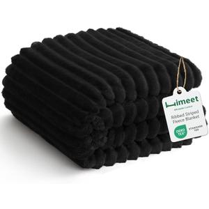 HIMEET Black Ribbed King Size Blanket for Bed - 300GSM Lightweight Fleece Blanket for Men Women, Large Cozy Sofa Couch Bed Blankets Gifts, Striped Spring Home Room Decor, Black, 108x90 Inches