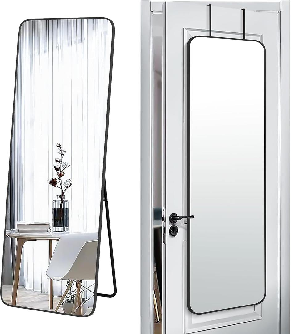 SCWF-GZ 57x20 Door Hanging Full Length Mirror, Floor Stand (Height 5.7ft just Body in1.3ft) Wall Mounted Metal Frame Rectangle Dressing Mirrors for Bedroom Living Room 57 inch Black