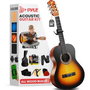 Pyle Beginner Acoustic Guitar Kit, 4/4 Full Size All Wood Instrument for Beginners, Adults, 39" Sunburst Teardrop Matte