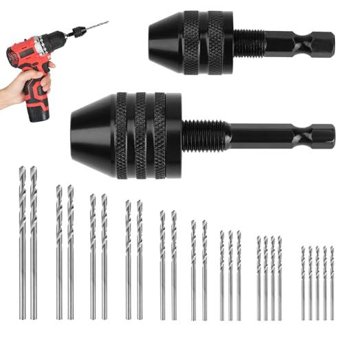 YENOVO 2 Pack Drill Chuck Adapter and 25 Pcs Micro Twist Drills, 0.6–8mm & 0.3–3.6mm Drill Bit Adapters with 1/4 Inch Hex Shank, Carbon Steel Quick Change Converter for Power Tools