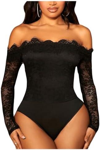 WDIRARA Women's Off Shoulder Floral Lace Bodysuit Mesh Long Sleeve Leotard Top Large