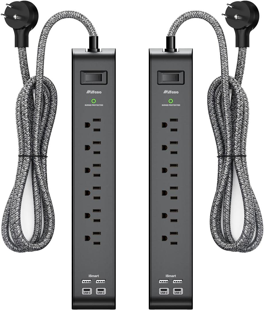 2 Pack Surge Protector Power Strip with 6 Outlets 4 USB Ports 5-Foot Long Heavy-Duty Braided Extension Cords Flat Plug 900 Joules 15A Circuit Breaker Wall Mount for Home Office ETL Listed