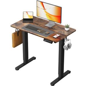 Small Electric Standing Desk, 35" 20" Standing Table, Height Adjustable Compact Sit Stand Workstation with Splice Board, Home Office Desk with 2 Hooks, Rustic Brown