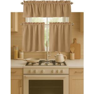 3 Piece Window Curtain Set, 100% Cotton, 2 Tiers 26x36 Inch & 1 Valance 54x18 Inch, Semi Sheer, Rod Pocket, Short Curtains for Kitchen, Caf, Living Room, Bathroom, Bedroom, Beige