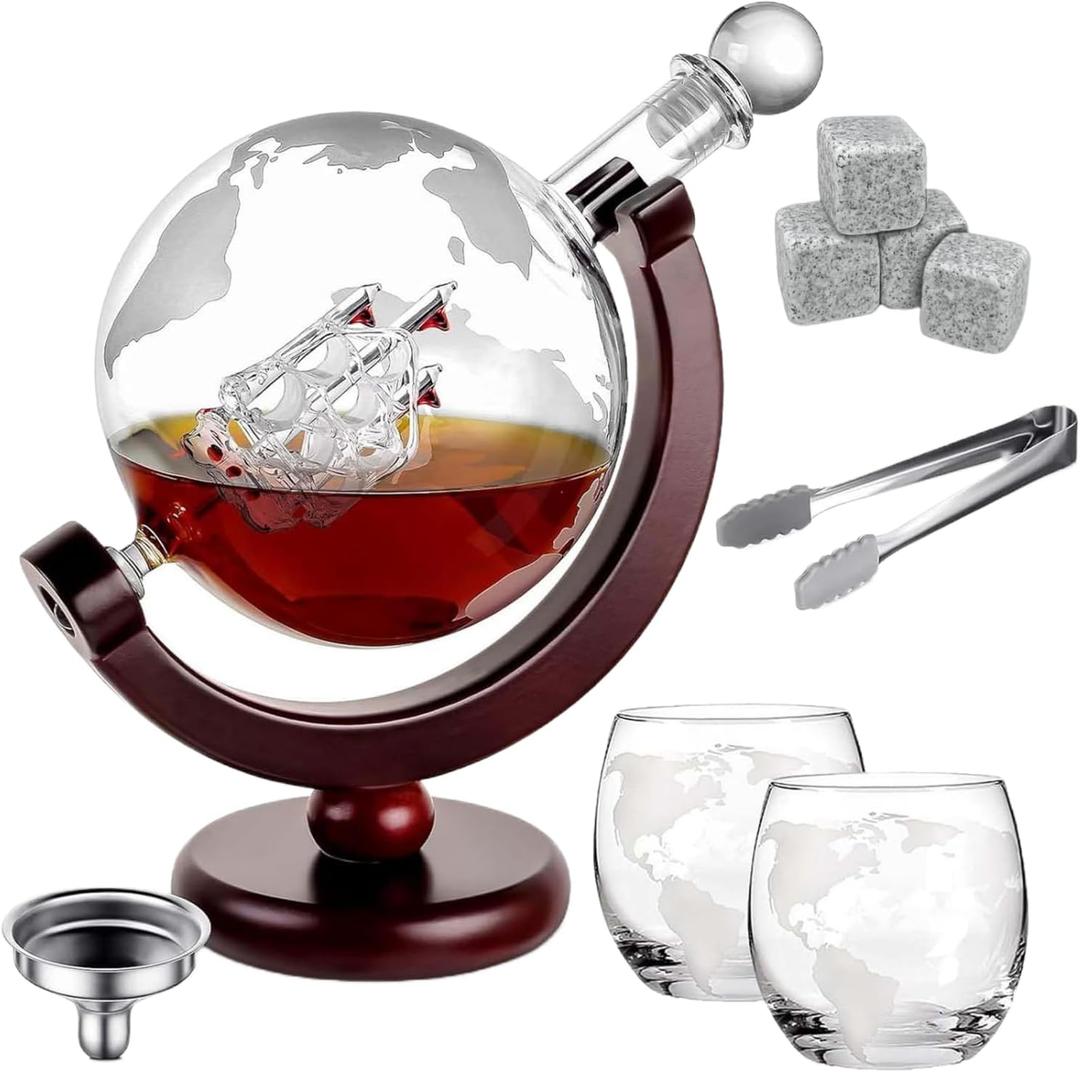 Whiskey Globe Decanter Set, with 2 Etched Whiskey Glasses, 4 Ice Cubes, Tong & Funnel, Decanter for Liquor, Bourbon, Scotch, Whisky Gifts for Men Husband Boyfriend Dad, 1000ML