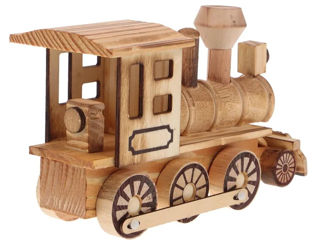 Vintage Wooden Train Engine Decorative Ornament, Steampunk Retro Locomotive Adornment, Engineering Desktop Decoration for Kids Boys Home Or Office Decor