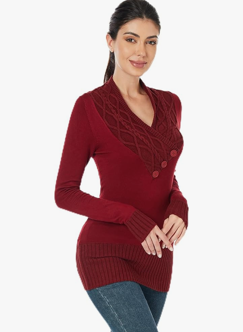 AmélieBoutik Women Crossover Cable Knit V Neck Long Sleeve Pullover Sweater, S