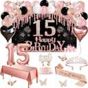 15th Birthday Decorations for Girls, 49pcs Black Rose Gold Black Banner, Tablecloth, Butterfly Decor, 15th Birthday Sash and Tiara, Cake Topper, Candles, Balloons Arch