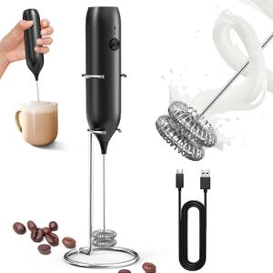 CIRCLE JOY Rechargeable Milk Frother Handheld with Stand, Double Coil Whisk Coffee Frother Wand Drink Mixer for Coffee, Cappuccino, Lattes, Frappe, Matcha and Hot Chocolate, Black