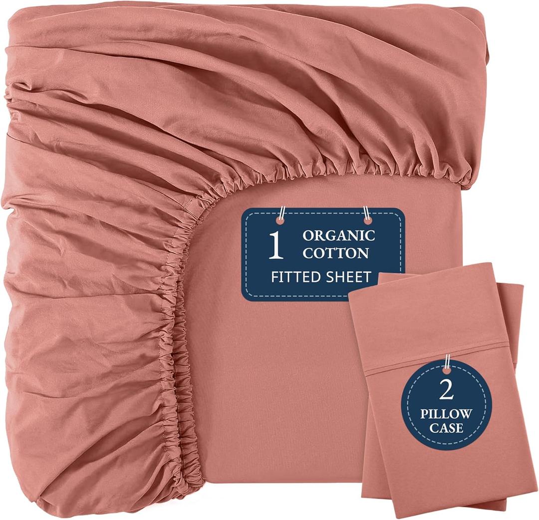 LANE LINEN 100% Organic Cotton Queen Size Fitted Sheet Only (+Pillowcases) 3-Piece Set Soft & Comfy Hotel Style Percale Weave Fully Elasticized Deep Pocket Queen Fitted 15" Deep - Rose Dawn