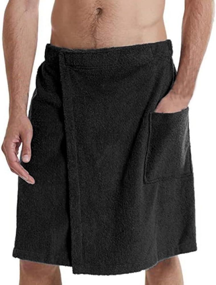 Holiberty Absorbent Quick Dry Bath Towel Body Wrap with Pocket for Men Microfiber Spa Shower Bath Robe Fleece Adjustable Wearable Pool Gym Beach Towels Cover up Bathroom Accessories (Black)