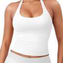 YEOREO SoftHue Women's Impact Halter Tank Top Longline Backless Scoop Neck Built-in Bra Sports Workout Gym Crop Top (White)