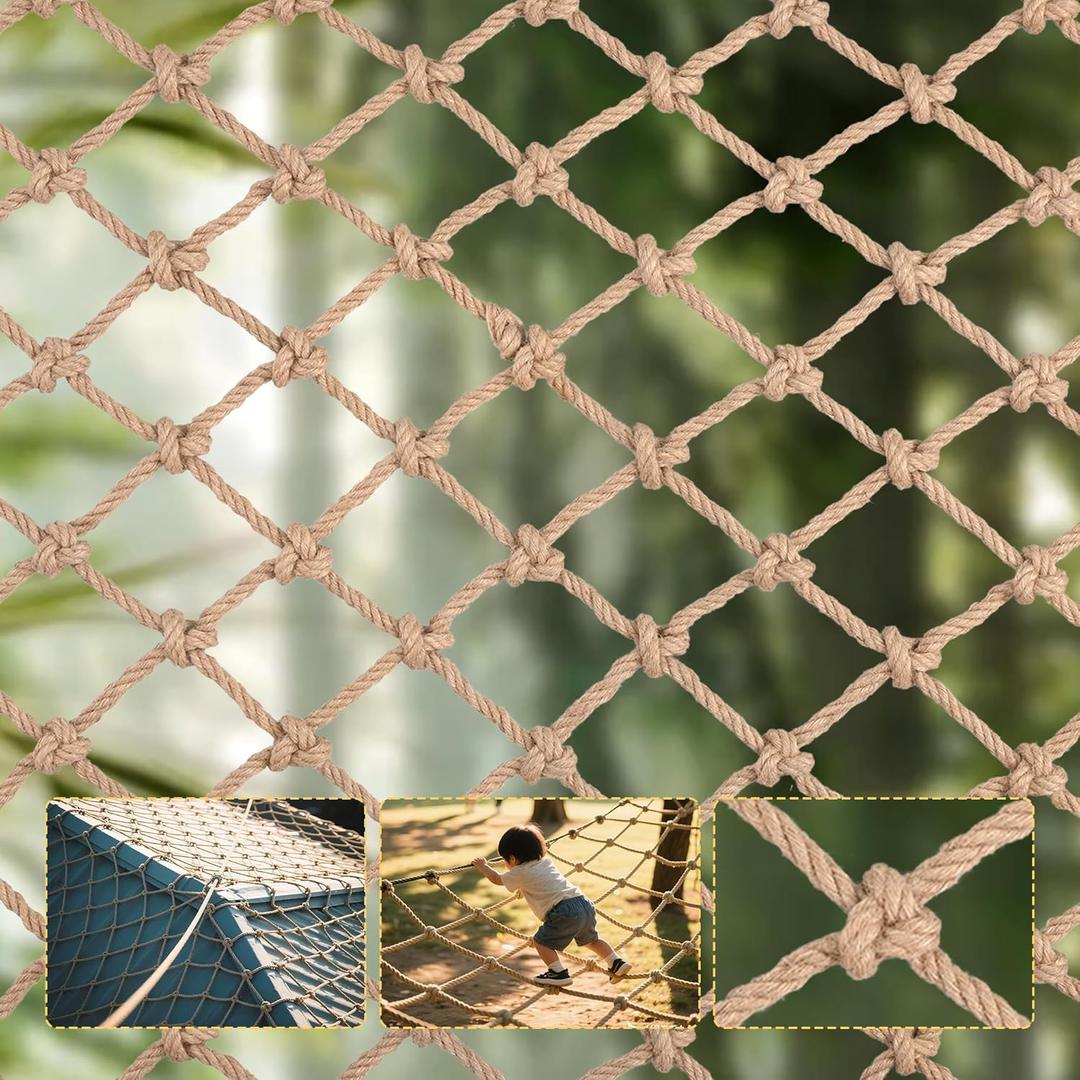 Jute Hemp Rope Net, Heavy Duty Natural Safety Rope Netting Balcony Stairs Fence Garden Playground Protection Net Indoor & Outdoor Decoration Rope Netting (3FT*13FT)