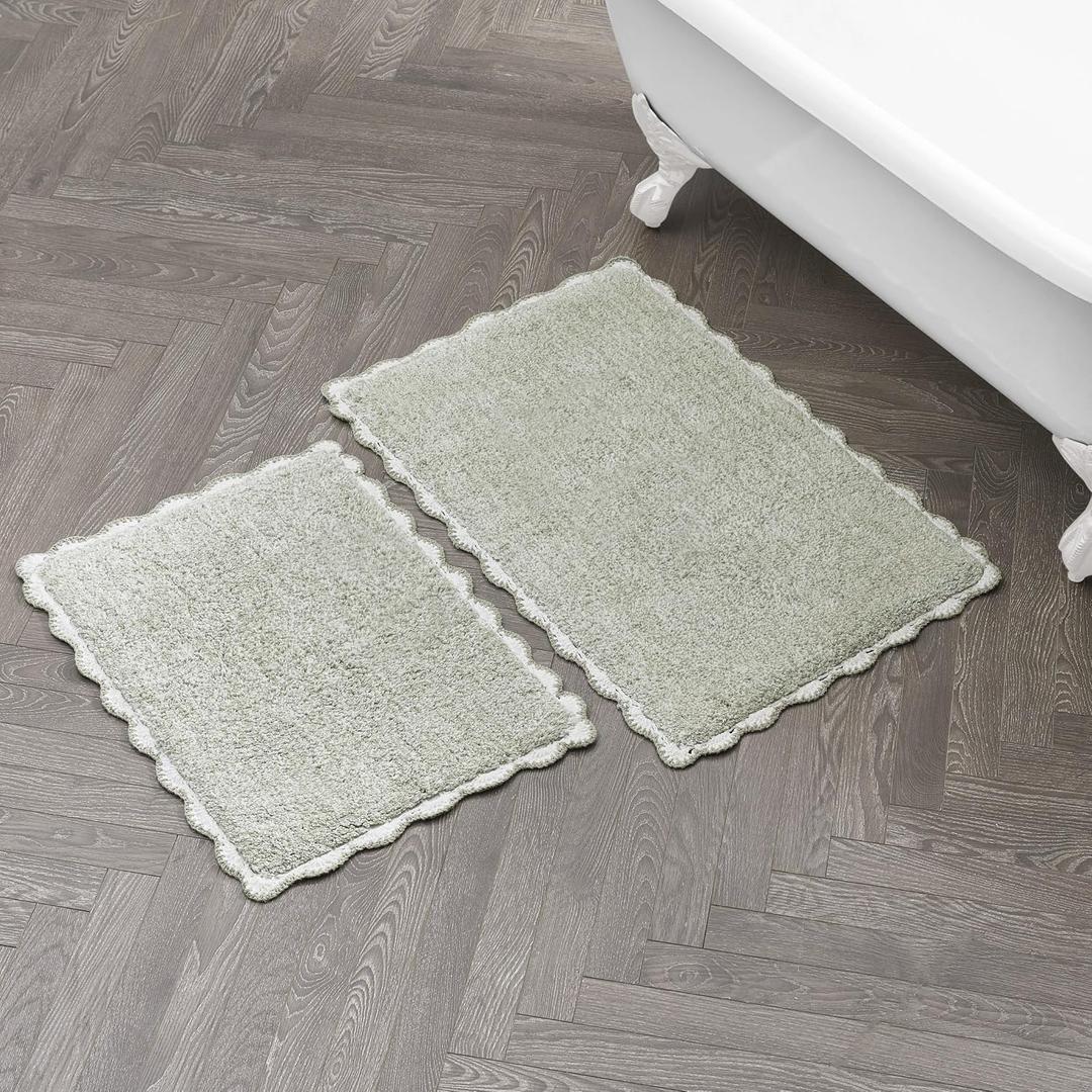 Laura Ashley Heathered Crochet Border 100% Cotton 17"x24" / 20"x32" 2-Piece Skid-Resistant Bath Rug Set, Sage Green